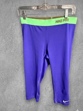Nike Pro Dri-FIT Capri Leggings Purple Neon Green Waistband Women's Large